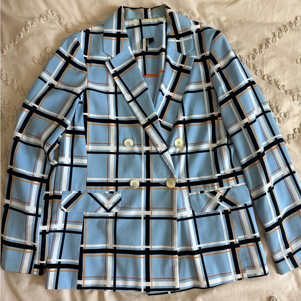 Topshop Blue Plaid Double-Breasted Blazer